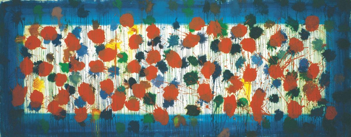 long rectangular artwork with bright blue border and splotches of rainbow colors