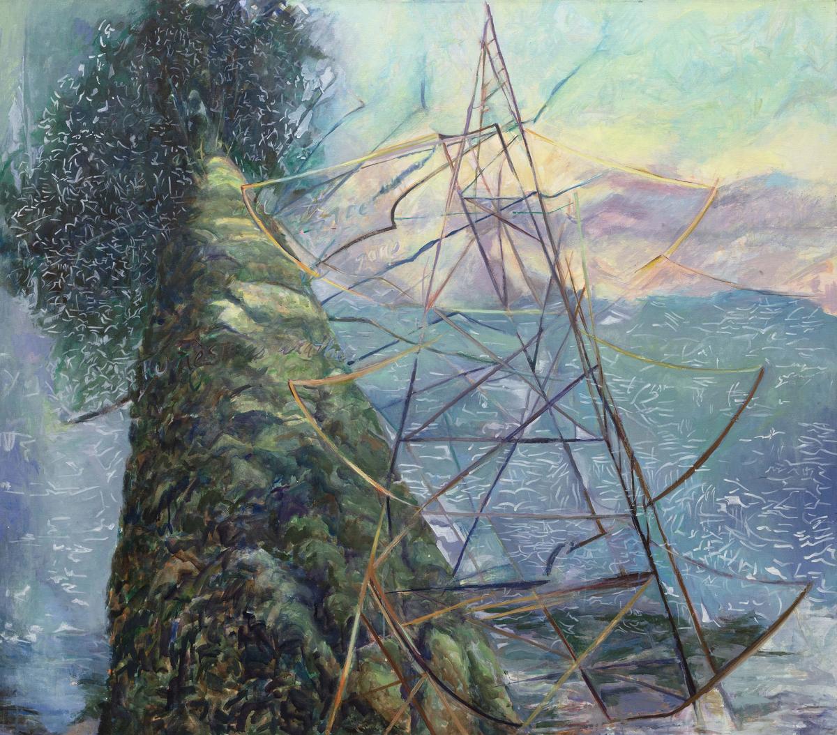 Painting in pastel colors looking up at a large sequoia tree and power lines