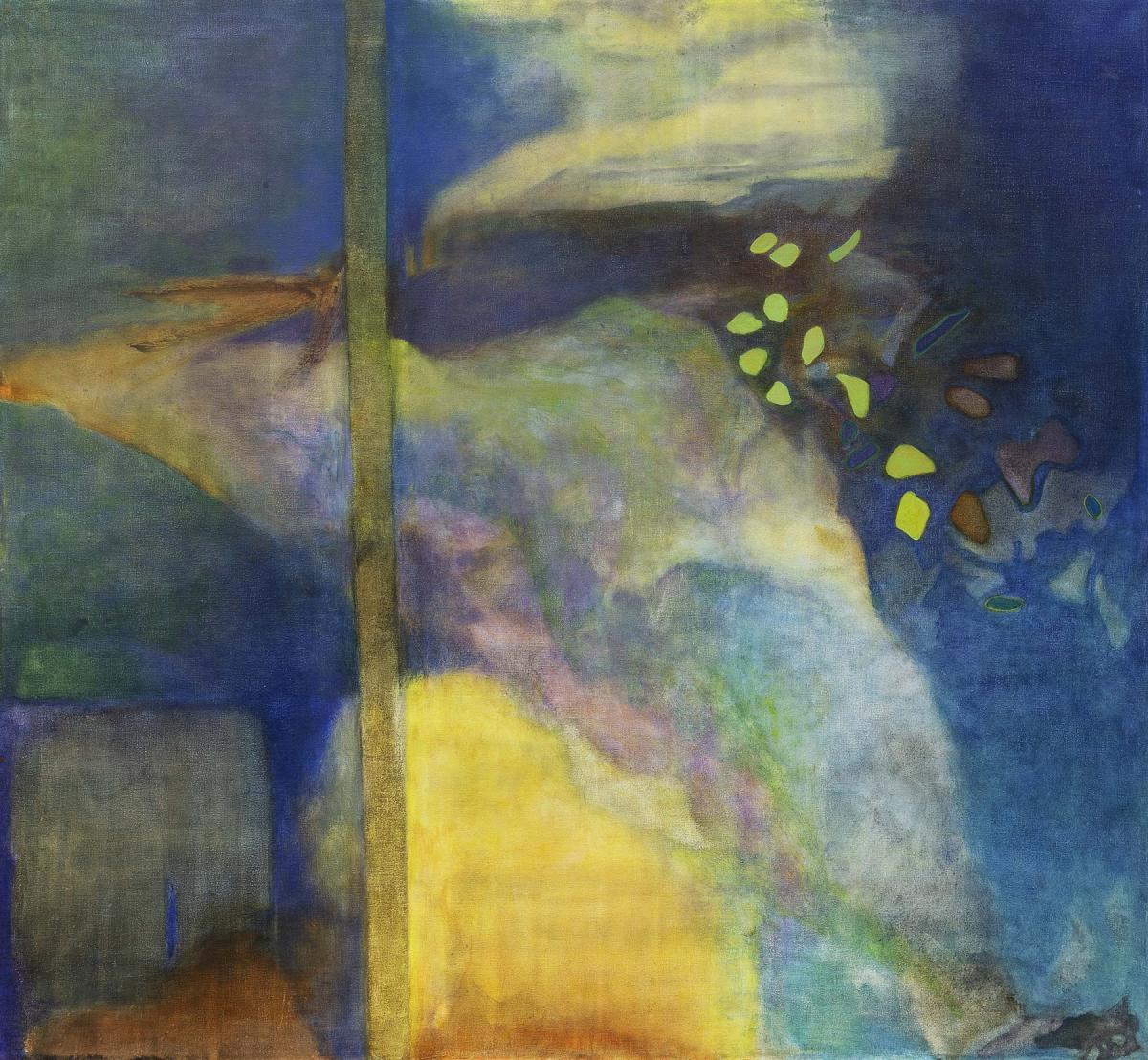 Abstract painting with soft blended pastel colors and dark blue