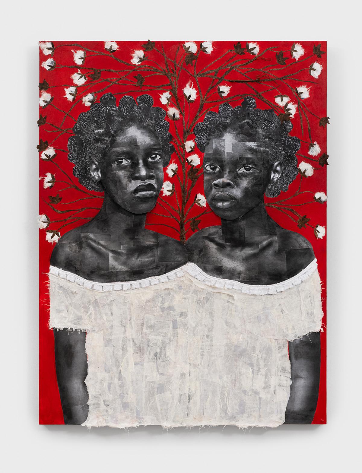 Painting by Paula Mans of two Black women in white dresses with red background
