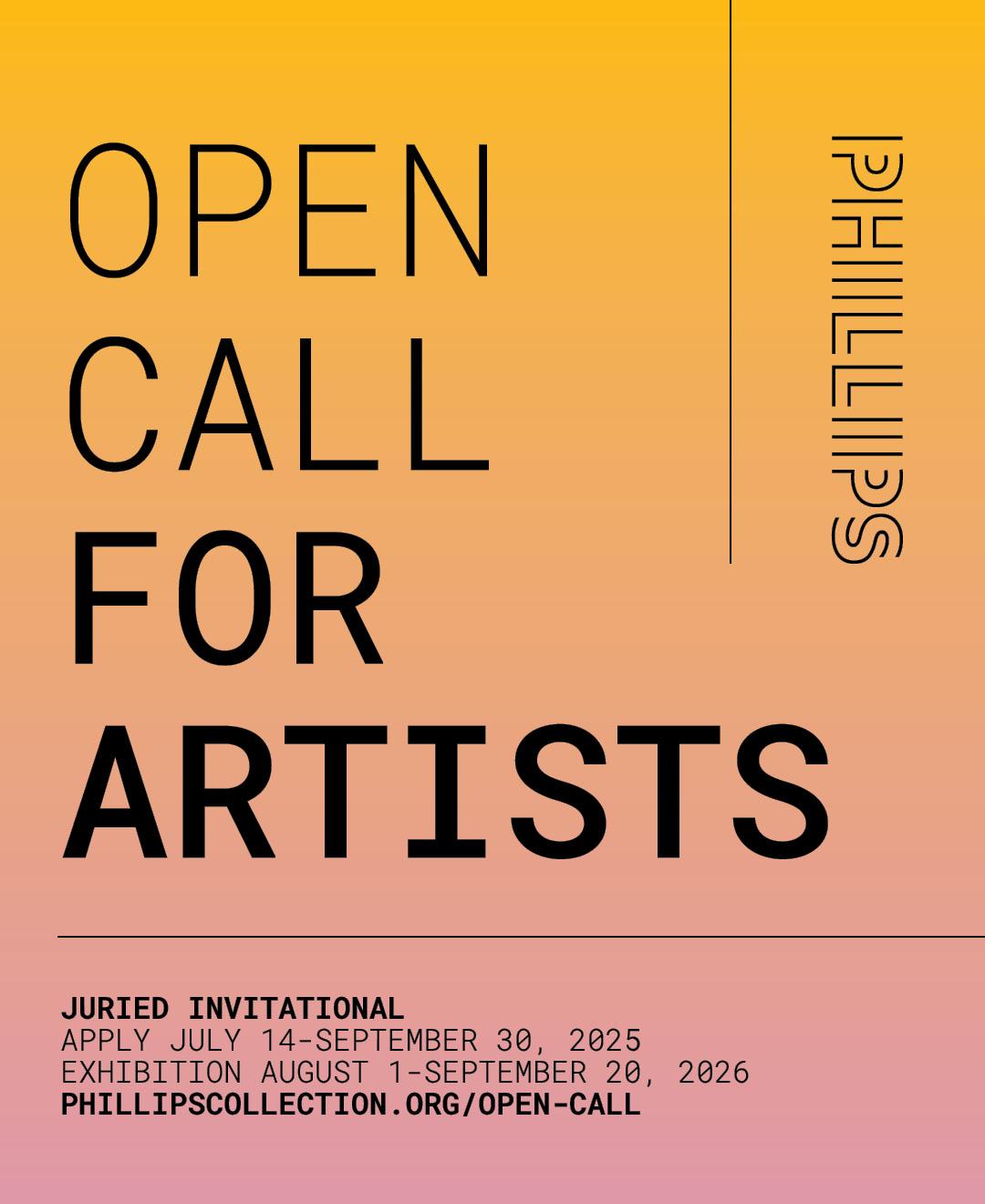 Open Call for Artists promo on yellow and pink gradient background