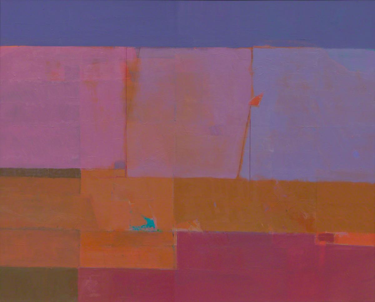 Abstract painting with flat shapes in pink, purple, and orange tones