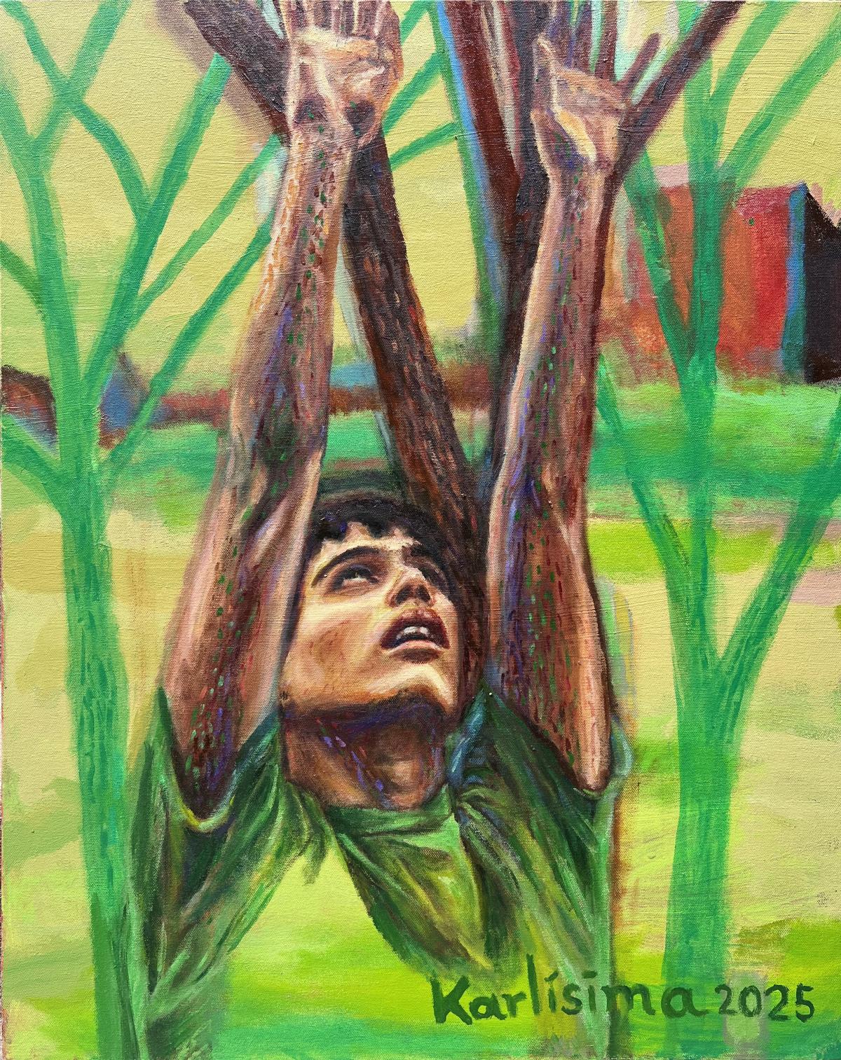 Painting of a person wearing a green short with arms raised and looking up