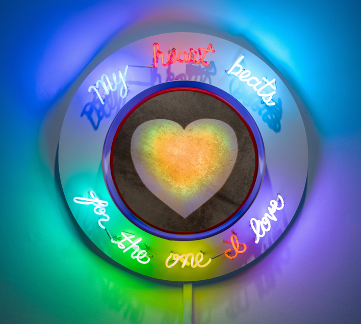 Jeffrey Gibson's My heart beats for the one I love neon artwork