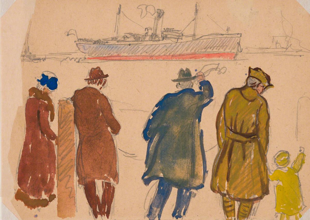 Gifford Beal, Four adults and child at harbor sendoff, c. 1910-c. 1920.