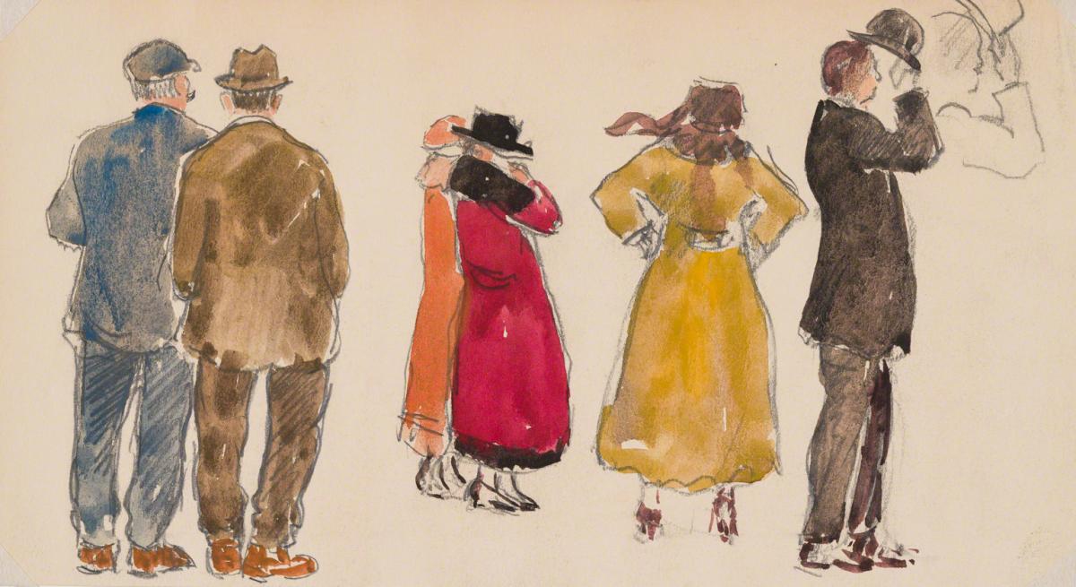 Gifford Beal, Five figures seen from behind; man donning hat seen from side, c. 1910-c. 1920.