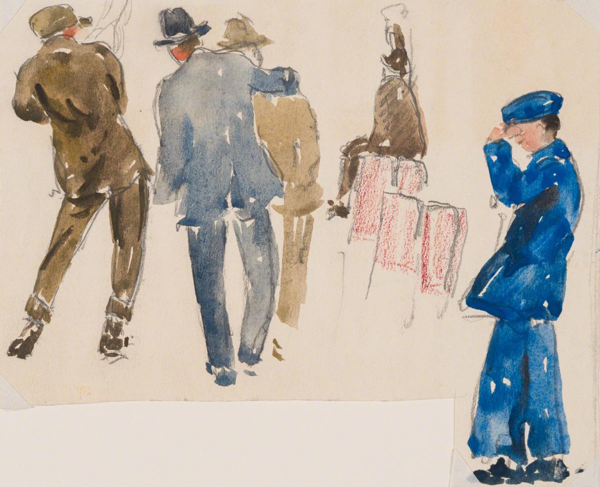 Gifford Beal, Three standing men seen from behind; seated man and standing sailor seen from side, c. 1910-c. 1920.
