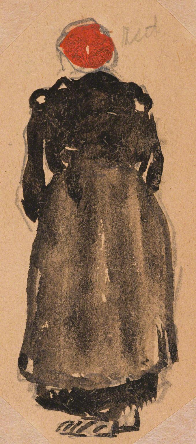 Gifford Beal, Woman with red hat and black coat seen from behind, c. 1910-c. 1920.