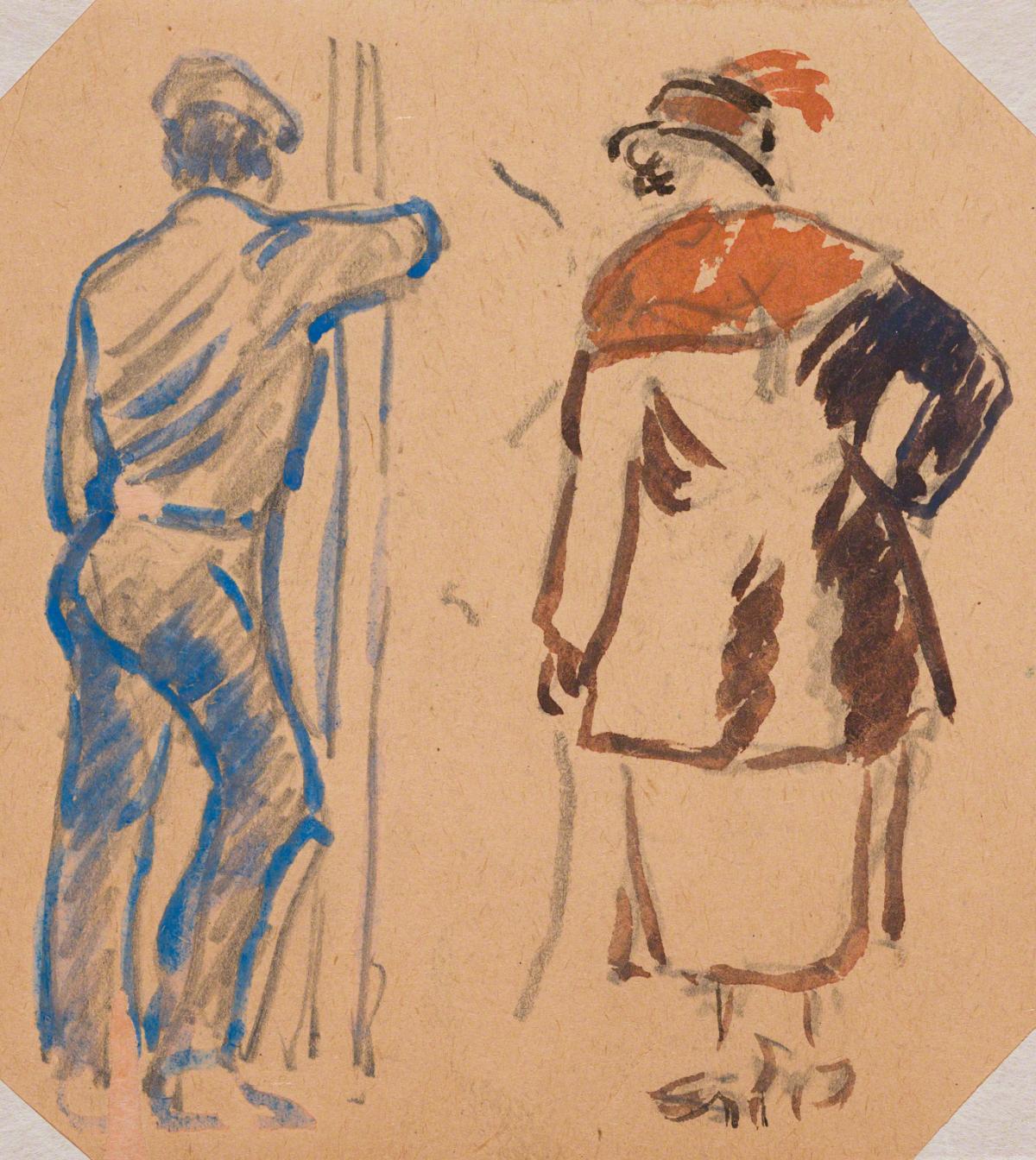 Gifford Beal, Leaning man (probable sailor) and standing woman seen from behind, c. 1910-c. 1920.