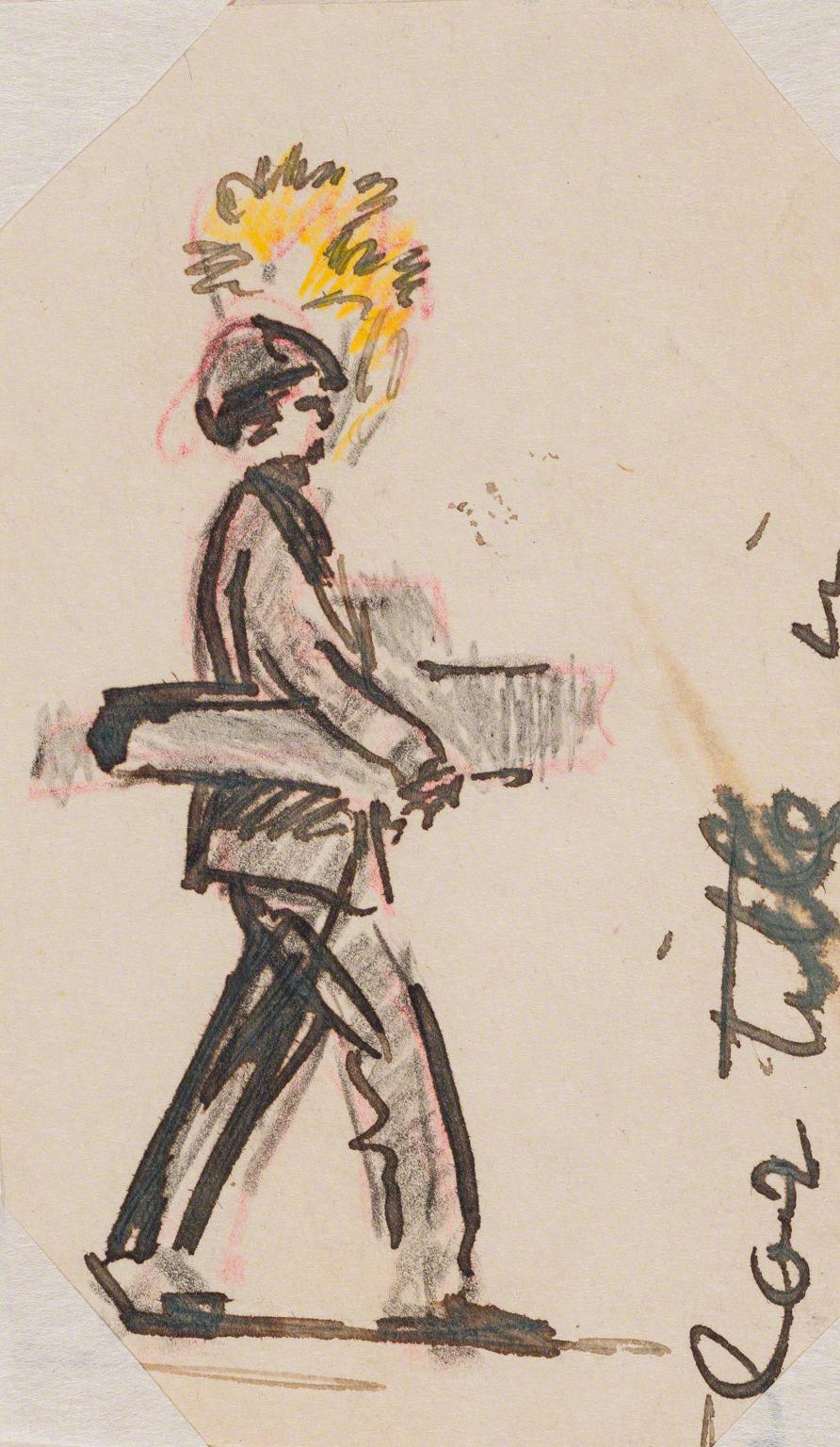 Gifford Beal, Male figure walking and carrying unidentified object(s) seen from side, c. 1910-c. 1920.