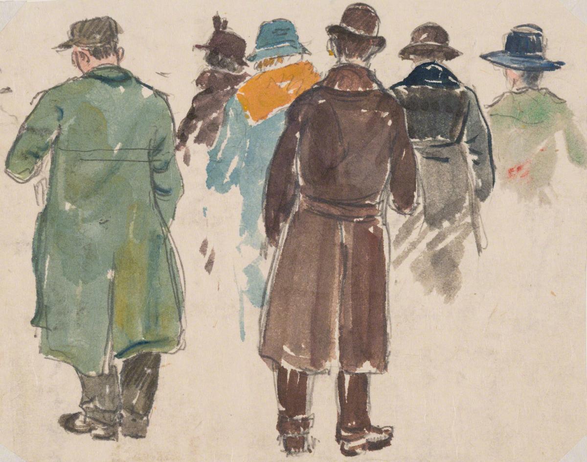 Gifford Beal, Six figures in a crowd seen from behind, c. 1910-c. 1920.