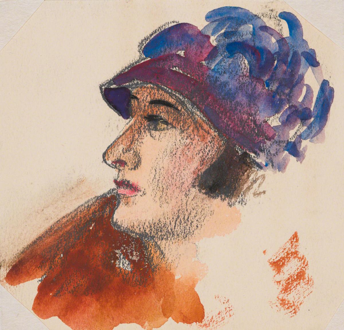 Gifford Beal, Profile of woman in feathered hat, c. 1910-c. 1920.