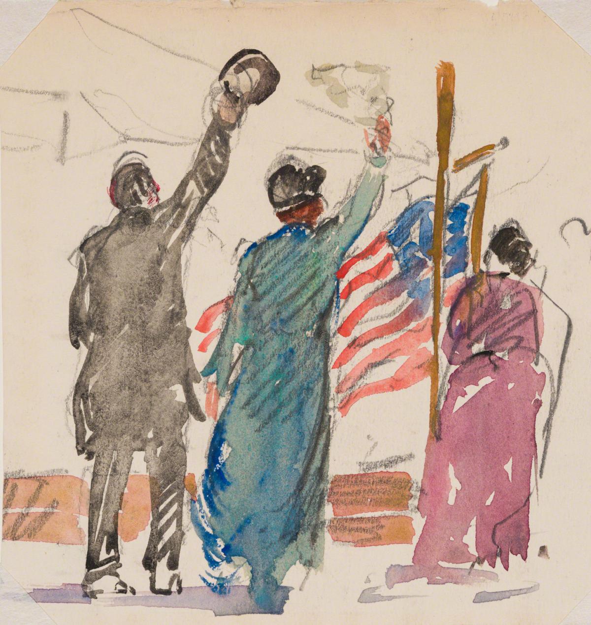 Gifford Beal, Three figures in front of U.S. flag, c. 1910-c. 1920.