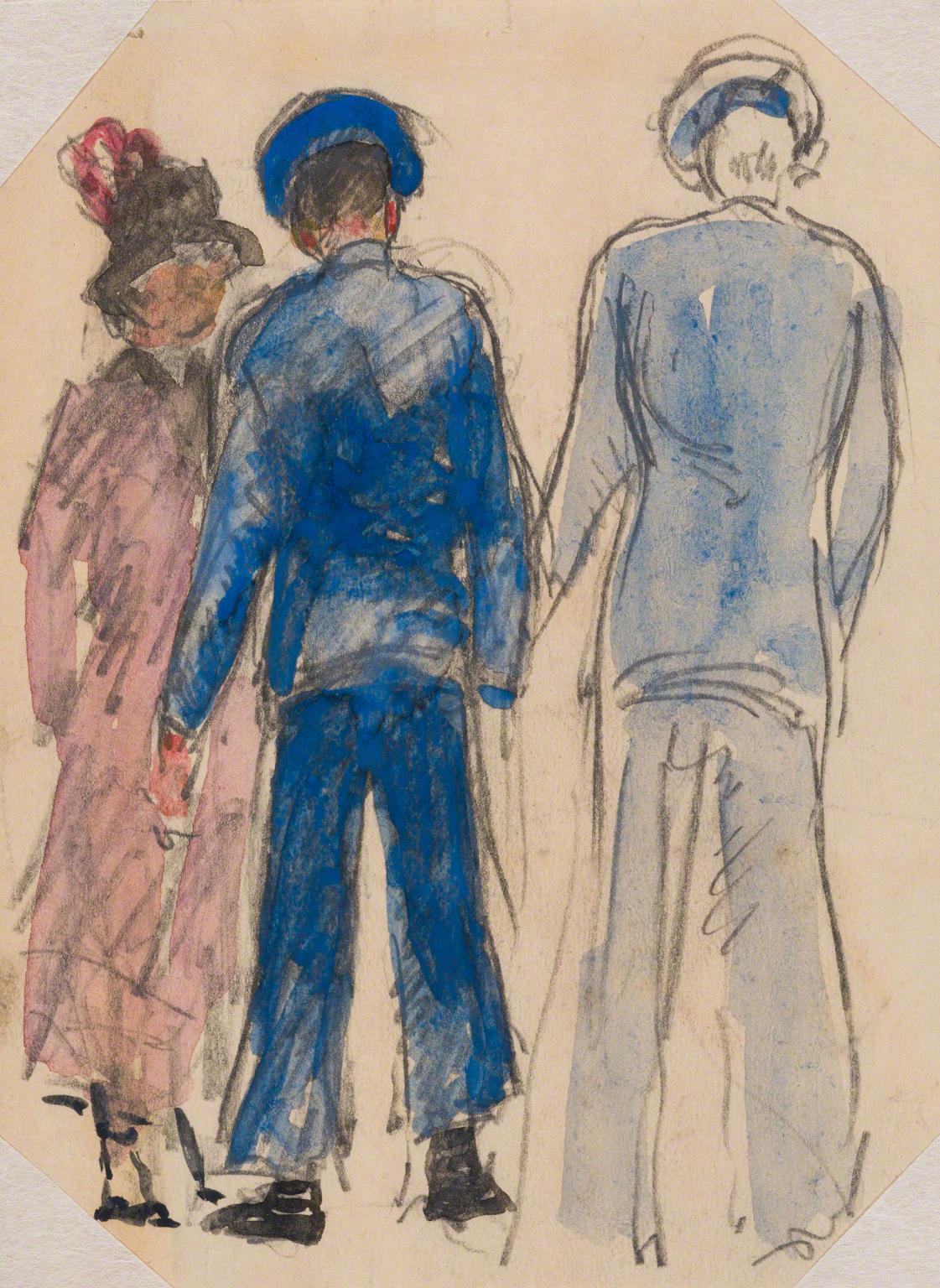 Gifford Beal, Woman and two sailors seen from behind, c. 1910-c. 1920.