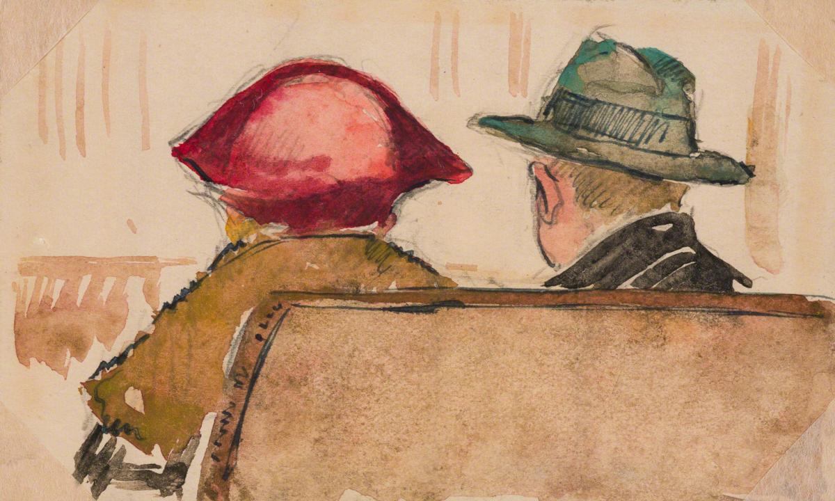 Gifford Beal, Seated woman in red hat and man in green hat seen from behind, c. 1910-c. 1920.