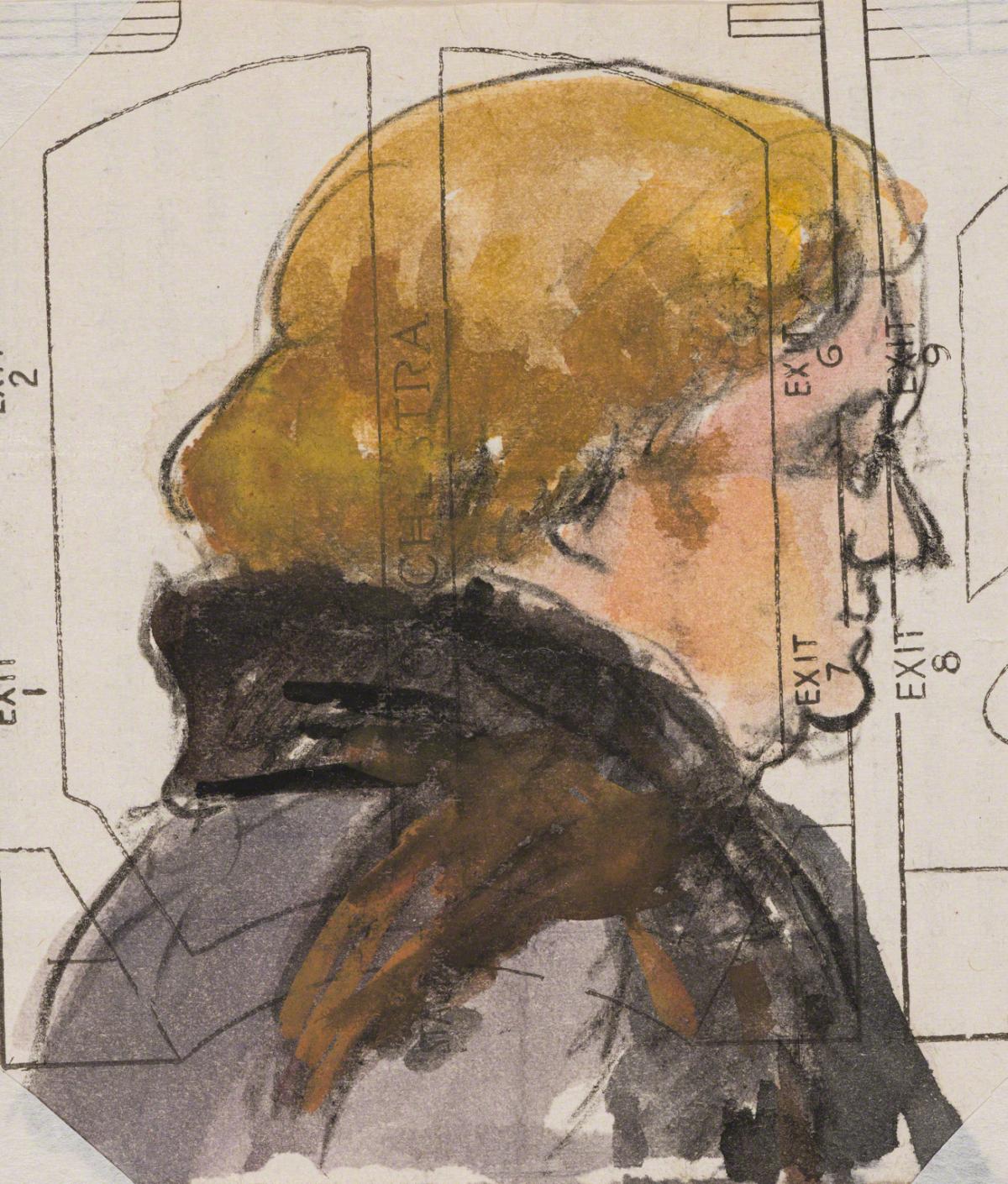 Gifford Beal, Profile of woman (on architectural plan), c. 1910-c. 1920.
