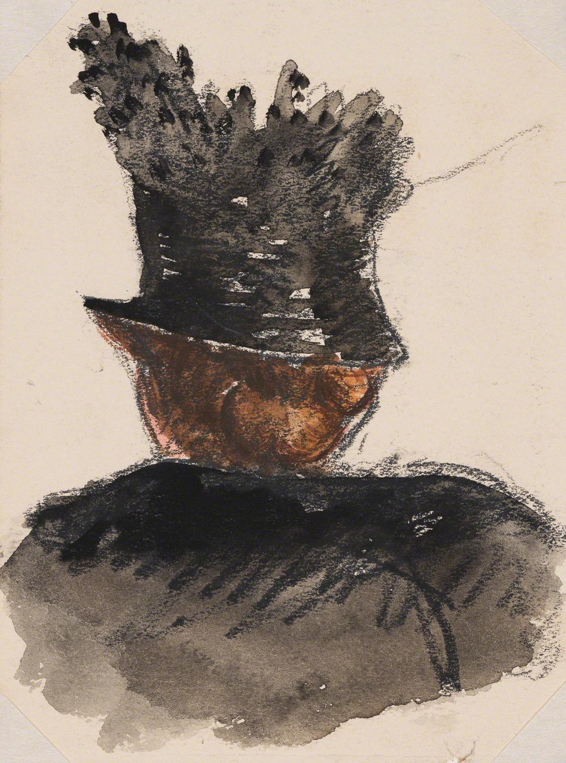 Gifford Beal, Head of woman in black hat and coat seen from behind, c. 1910-c. 1920.