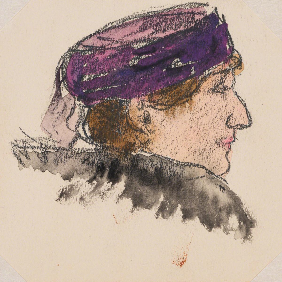 Gifford Beal, Profile of woman in purple hat, c. 1910-c. 1920.