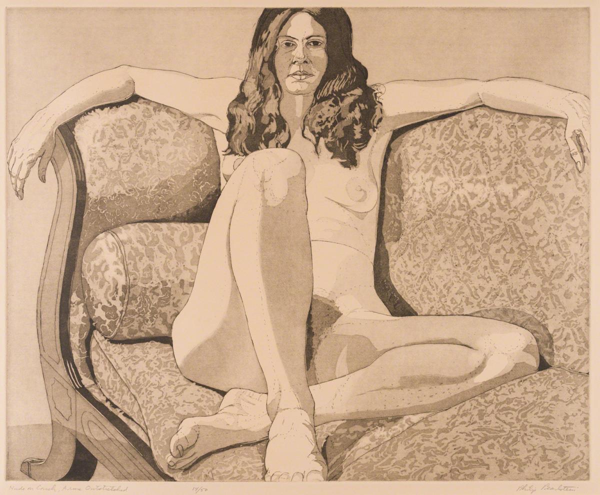 Philip Pearlstein, Nude on Couch, Arms Outstretched, 1972.