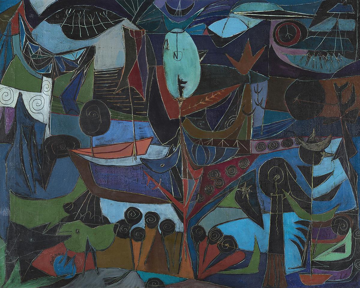 Abstract artwork of shapes in dark muted colors