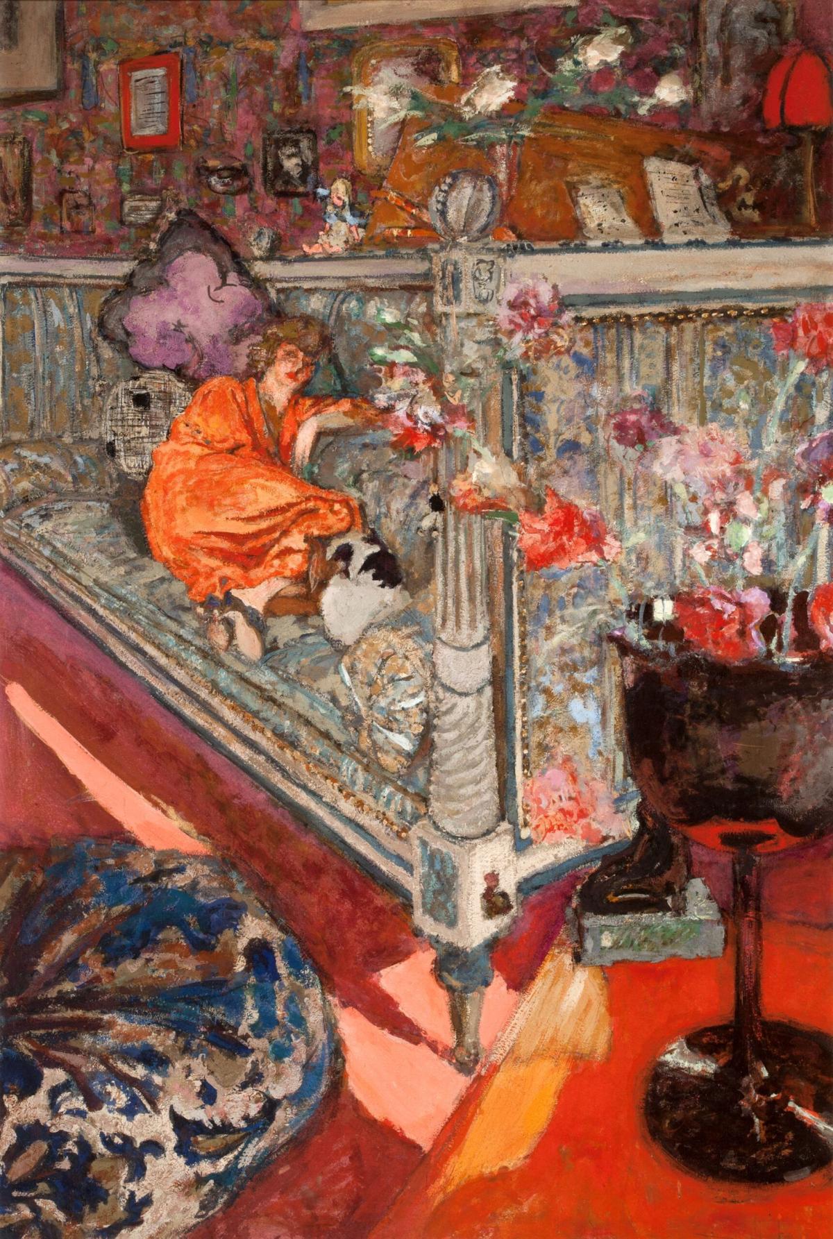 Colorful painting of woman on a sofa in colorful early 20th-century room