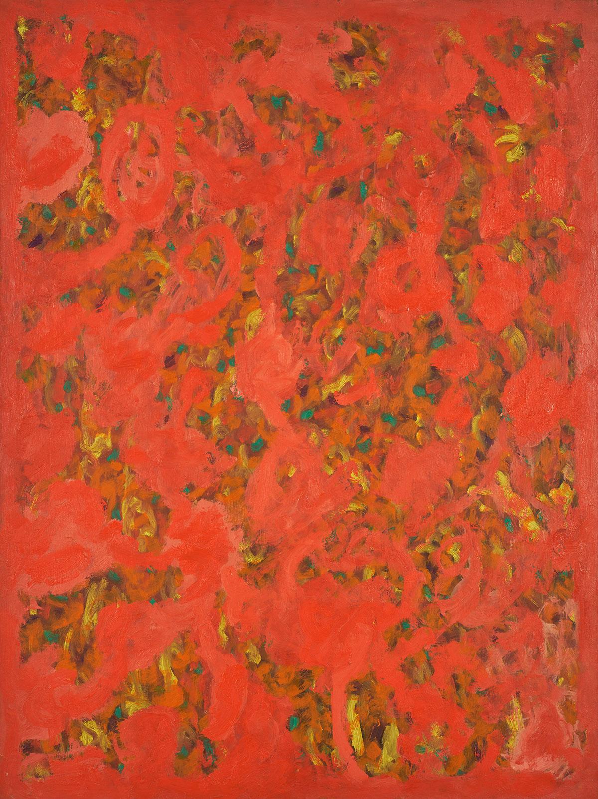 Abstract painting of mostly red brushstrokes with some yellow and green