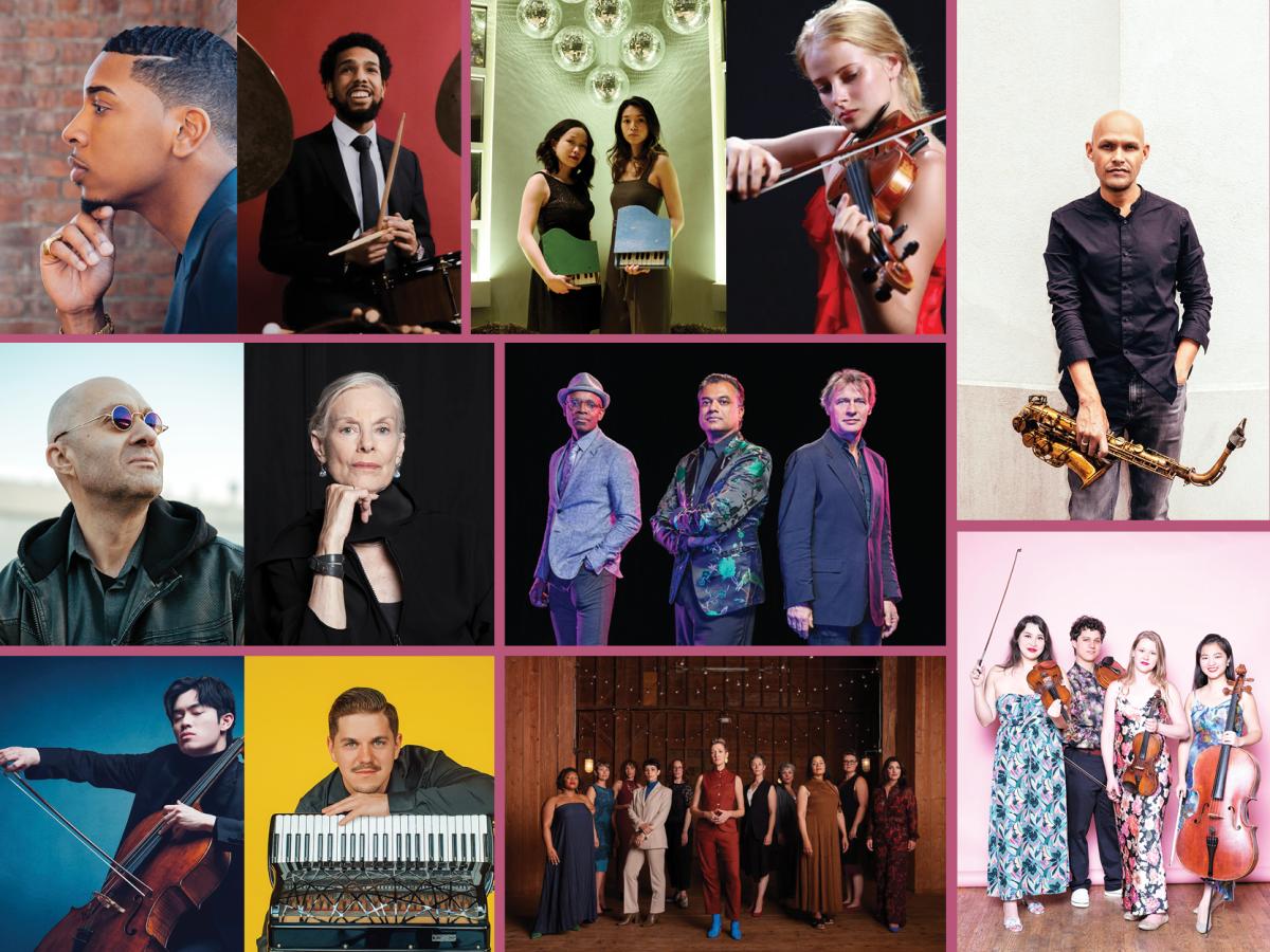 (L to R; top row to bottom): Christian Sands (Photo: Anna Webber); Ryan Sands; Chromic Duo (Photo: Adrianna Tan); Madeline Hocking (Photo: Paul Galinski); Miguel Zenón; Anton Batagov (Photo: Ira Polyarnaya); Lucinda Childs (Photo: Rita Antonioli); Mahanthappa Hero Trio (Photo: David Crow); Benett Tsai (Photo: Ory Schneor Photography); Radu Ratoi (Photo: Efremoff Studio); Lorelei Ensemble; Ulysses Quartet (Photo: Kevin Condon).