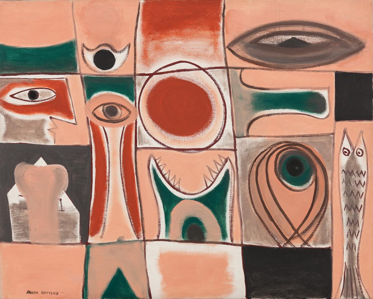 Painting with a grid filled with abstract shapes