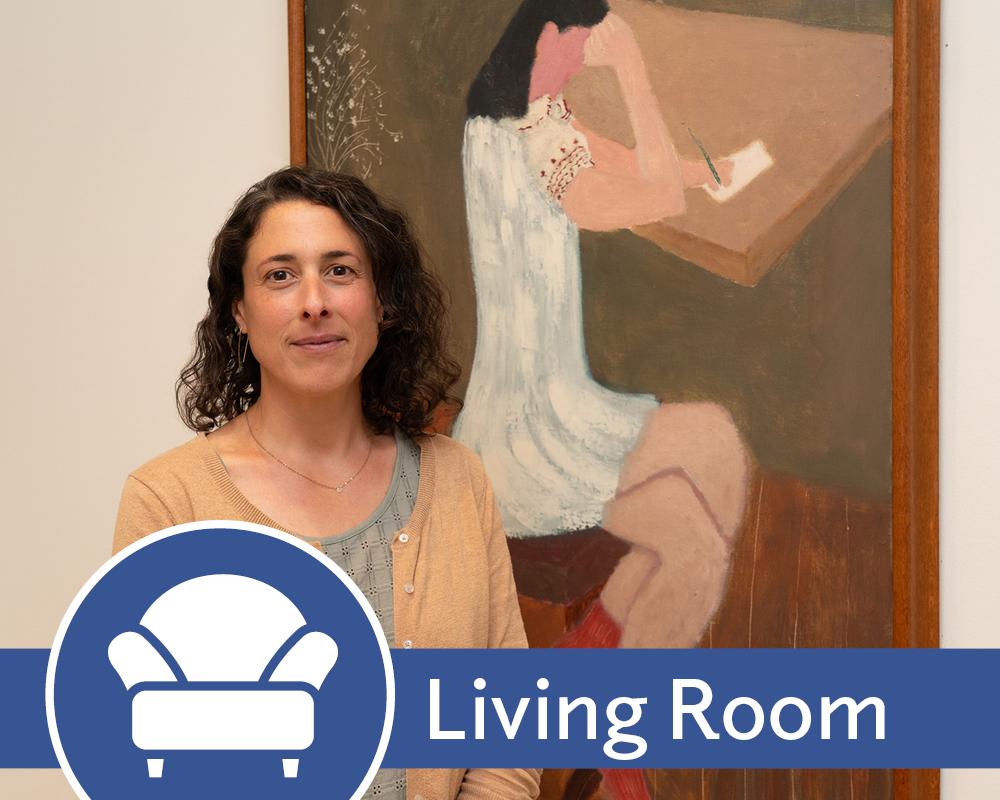 Promo for Living Room program of Patti standing in front of a Milton Avery painting
