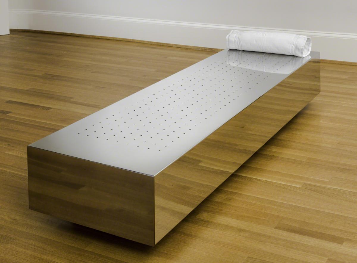 Fainting Couch, Valeska Soares; 2002; Stainless steel, flowers, and textile; 78 3/4 in x 23 1/2 in x 13 3/4 in; 200.03 cm x 59.69 cm x 34.93 cm; Gift from the Heather and Tony Podesta Collection, Washington, DC, 2012
