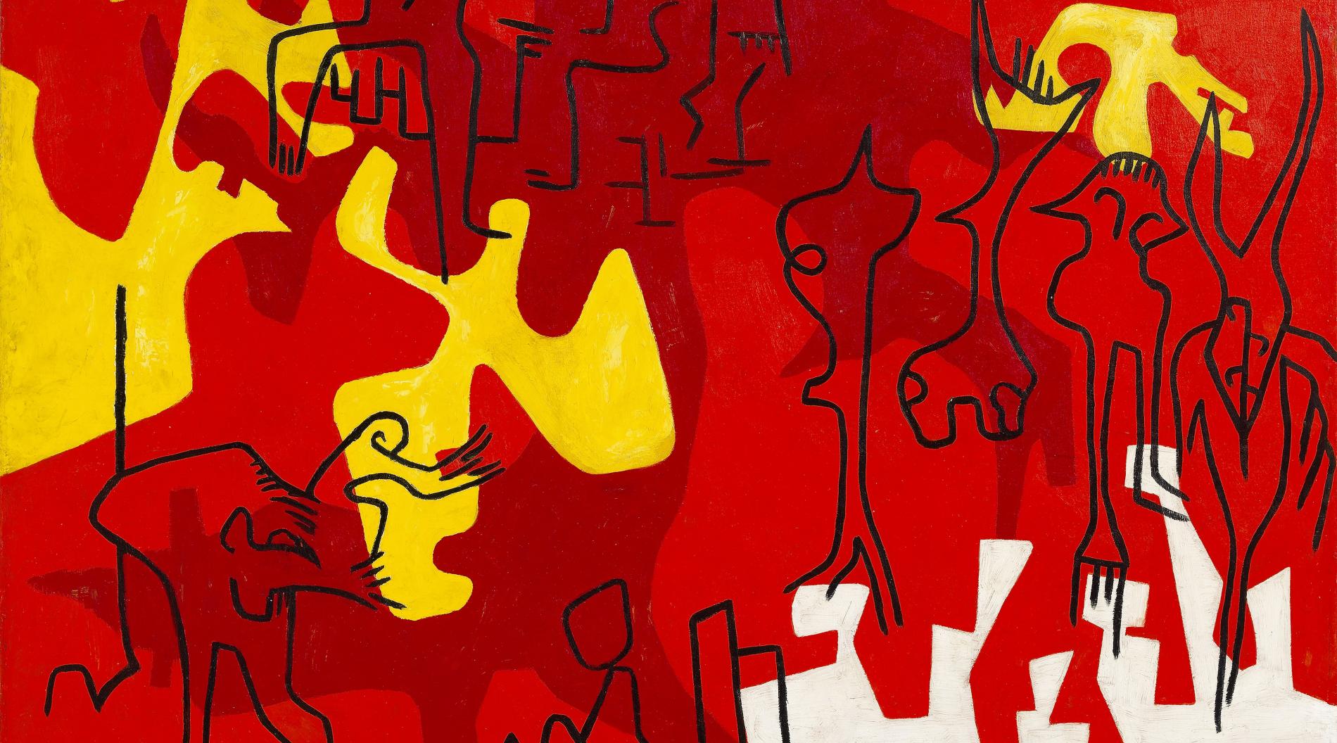 Abstract painting of red background with yellow and white shapes and black lines