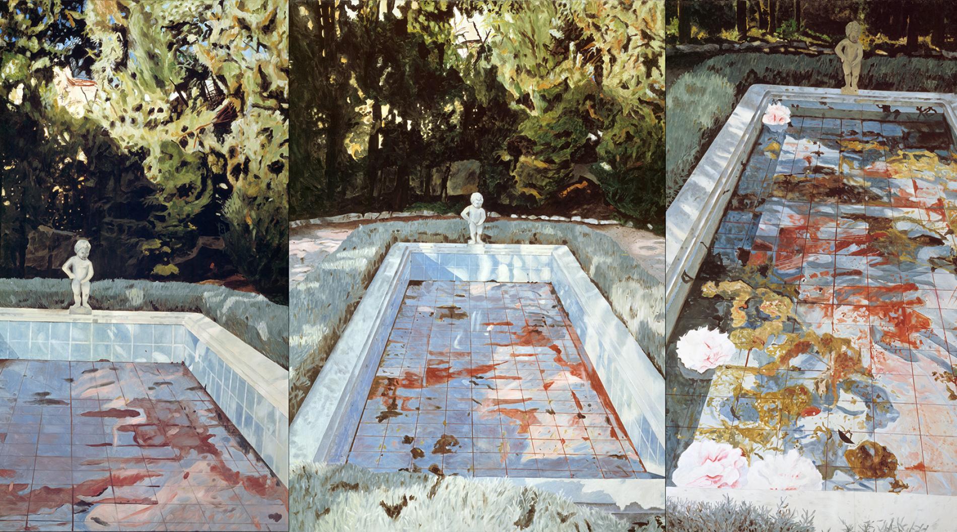 Painting with three views of an empty pool in a garden