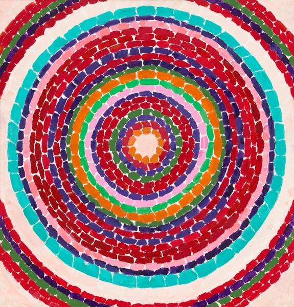 Abstract painting of concentric circles in mosaic pattern red on the outside then greens and blues, followed by teal, pink, more reds, blues, oranges, greens, with a peach orange center