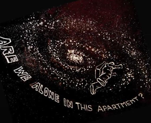 Illustration of an astronaut floating in space with the words "Are we alone in this apartment?"