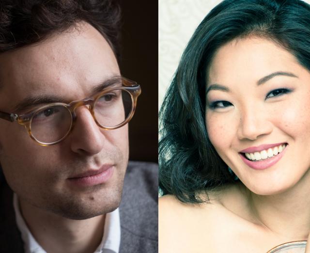 Photo of violinist Rachel Lee Priday (right) and pianist/composer Timo Andres (left)