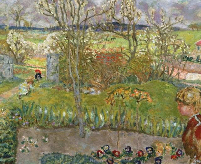 Painting of a lush green garden and landscape by Pierre Bonnard