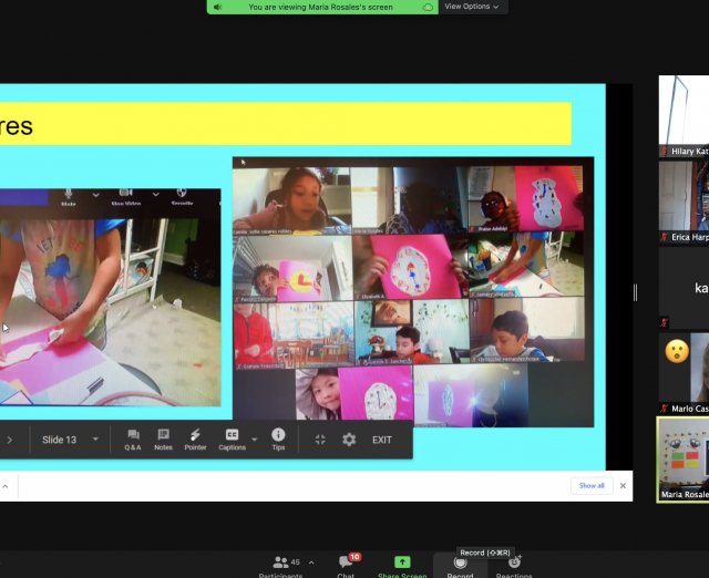 Zoom screenshot of a presentation of students holding up crafts