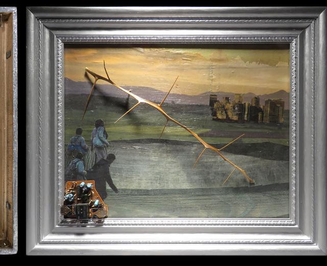 Three mixed media artworks of boxes with different items attached together as an assemblage