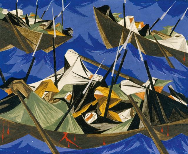 Abstract painting of three boats on blue water, filled with figures holding spears