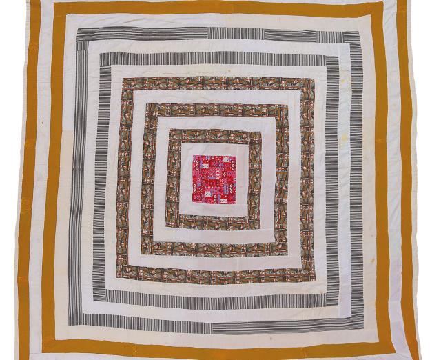 A square quilt made with concentric yellow and white squares with a pink square in the middle