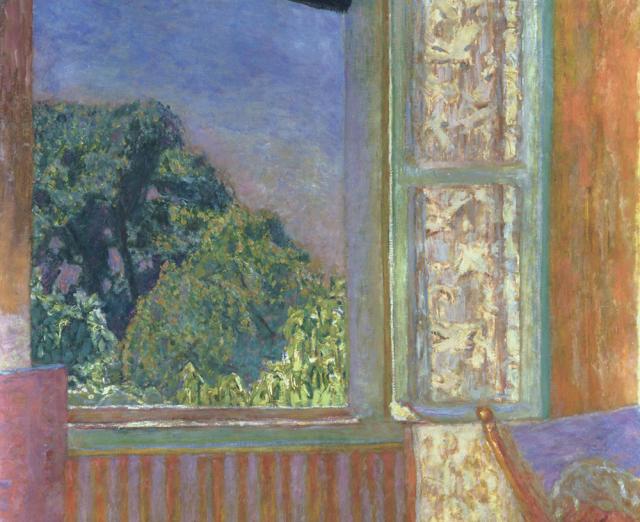 painting of an open window with soft colors that fade into each other with woman resting
