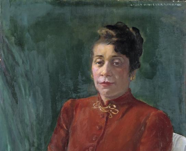 Painted portrait of Alma Thomas wearing red, with a green background