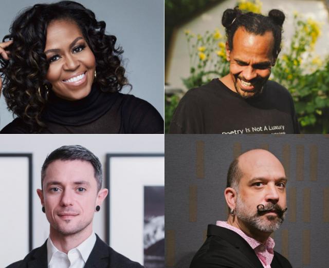 Collage of photos of Michelle Obama, Ross Gay, Seth Feman, and Jonathan Frederick Walz