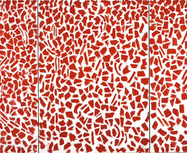 Painting of red broken brushstrokes covering a white canvas by Alma Thomas