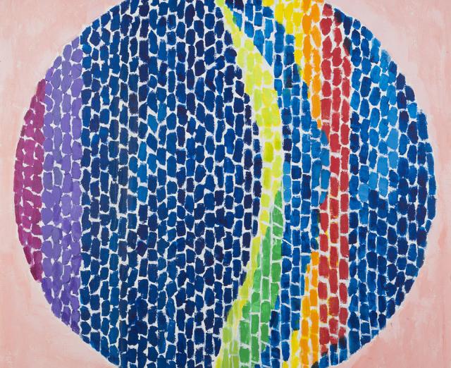 Painting of circle made up of colorful brushstrokes by Alma Thomas