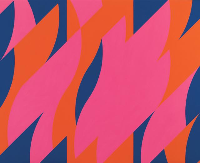 Abstract painting of geometric pattern in pink, orange, and blue