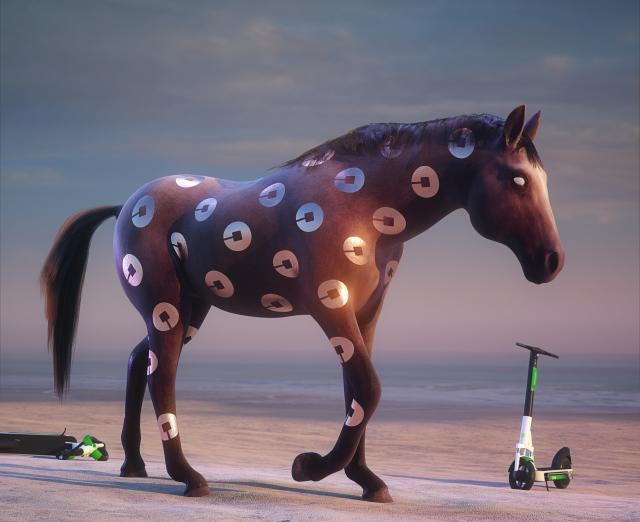 Fanciful, semi-realistic image of a horse against a hazy background, fallen motorized scooters in the foreground