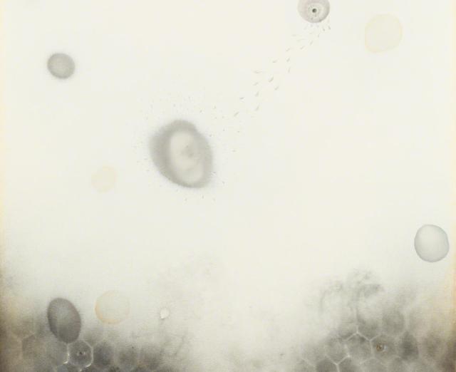 an abstract work, faint abstract shapes on a cream-white field, growing darker towards the bottom