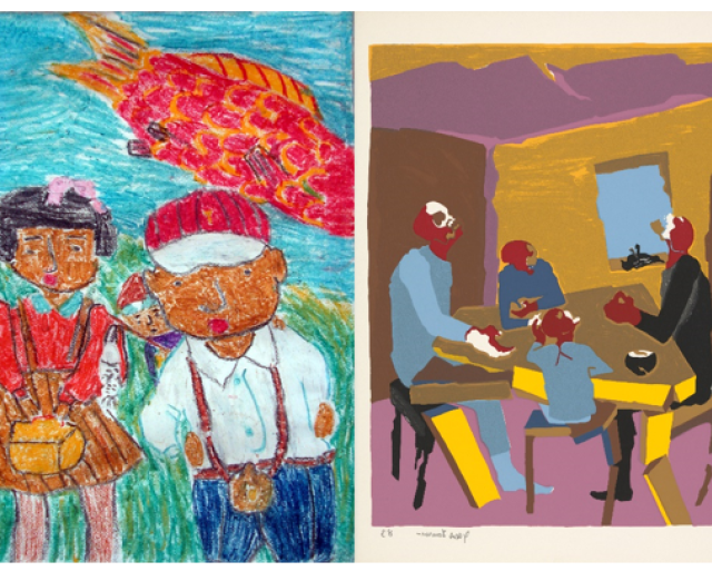 a duo of works, one a child's drawing, paired with a work of Jacob Lawrence