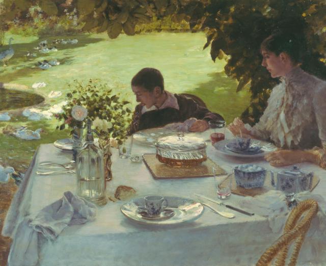 an impressionist painting of a woman and a young boy having breakfast in their garden
